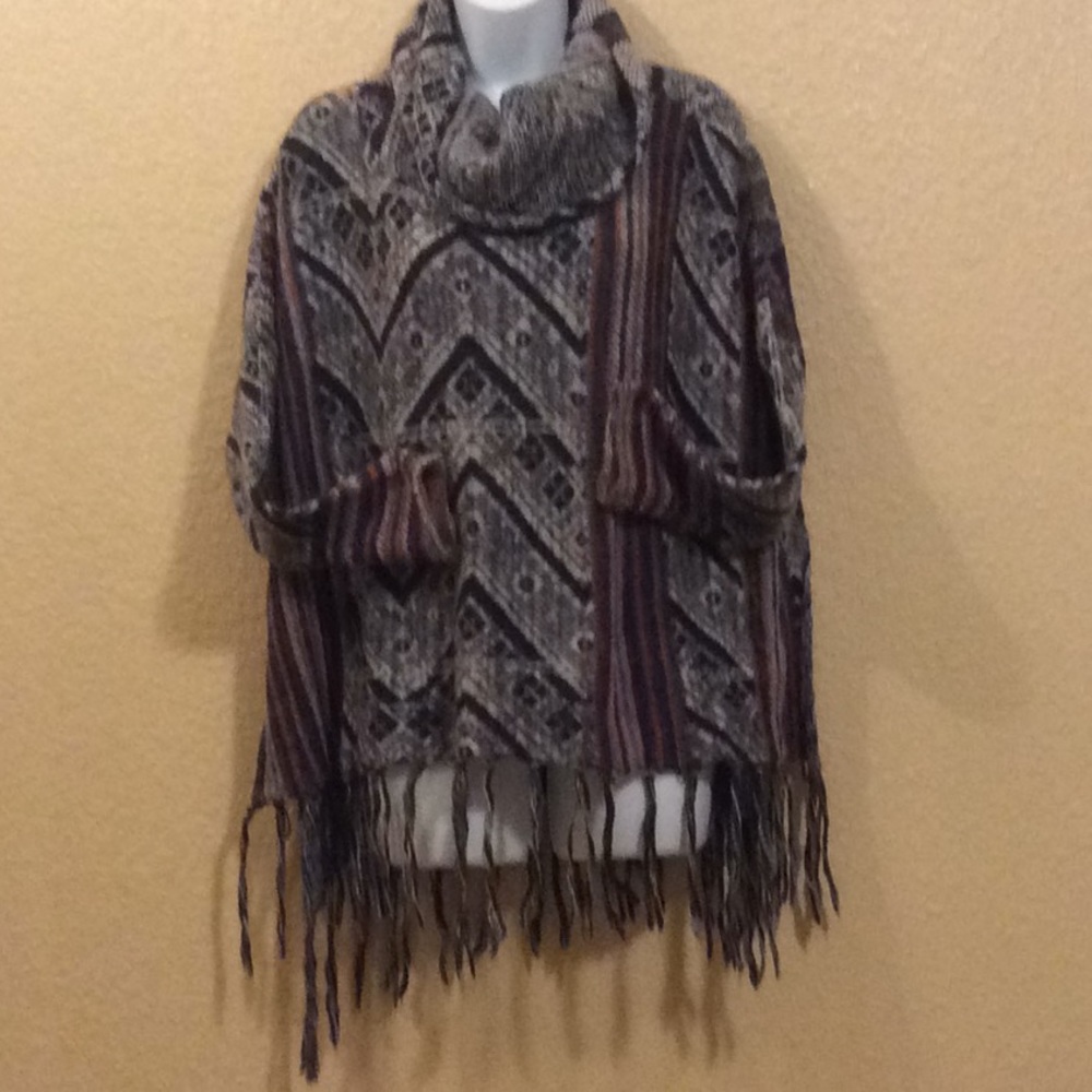 Free People XS poncho sweater slouch neck/fringe